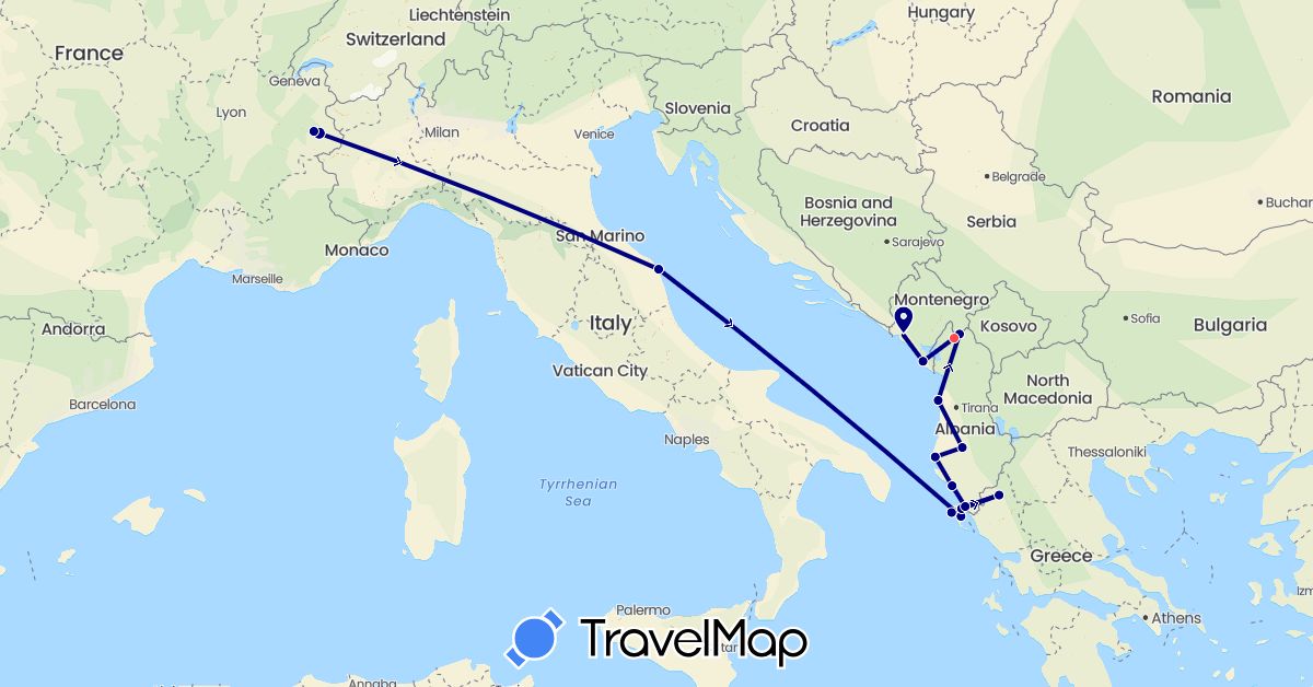 TravelMap itinerary: driving, hiking in Albania, France, Greece, Montenegro (Europe)